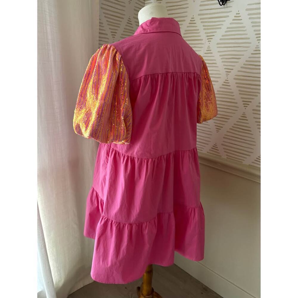 Peach Love Women’s Large Pink Sequined Bubble Sleeve Tiered Ruffled Shirt Dress - Picture 5 of 8